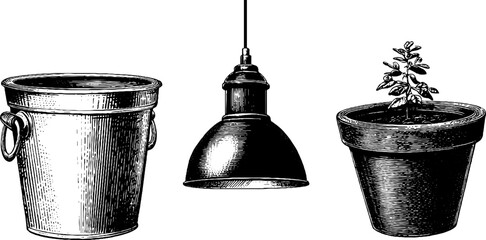 Naklejka premium Vintage engraved illustrations of industrial objects: metal frame, light fixture, and potted plant