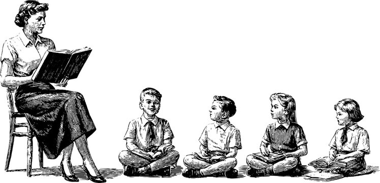 Joyful classroom scene with female teacher engraving for educational design