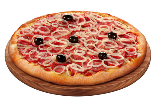 pizza de lingui&ccedil;a calabresa com queijo, cebola e azeitona preta isolado em fundo transparente