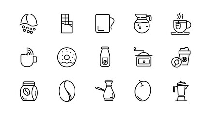 Coffee linear icon set. Latte, drink, coffee beans, roasting, breakfast, morning tea, coffee shop, mug, cup, coffee machine, sugar, caffeine, outline icon collection