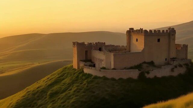 Syria, bright day, Krak des Chevaliers, medieval castle, rolling hills, green fields, clear sky, spring