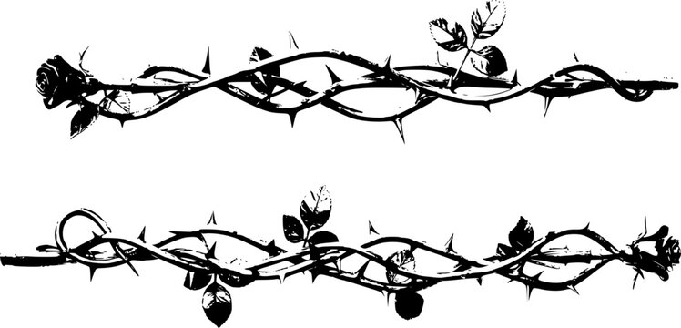 Silver metal rose vines with sharp thorns. Gothic prickly vine elements isolated
