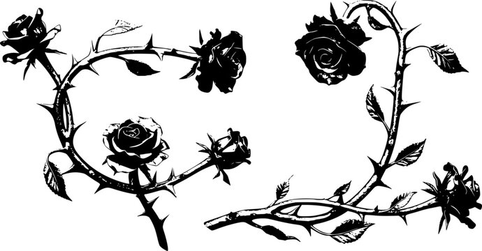 Silver metal rose vines with sharp thorns. Gothic prickly vine elements isolated
