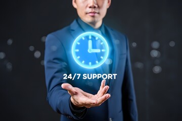 Business Professional Displaying 24/7 Support Hologram – High-Tech Customer Service Concept

