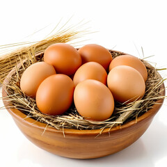 Brown Eggs in Wooden Bowl with Hay on White Background  