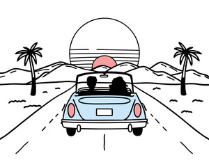 Retro road trip illustration with a couple driving a convertible into the sunset with palm trees and mountains perfect for summer vacation vibes and travel
