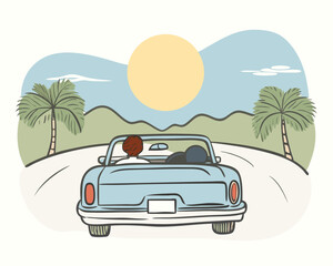 Retro convertible car driving on a road trip with palm trees and a bright sun perfect for summer vacation and travel themed designs and illustrations