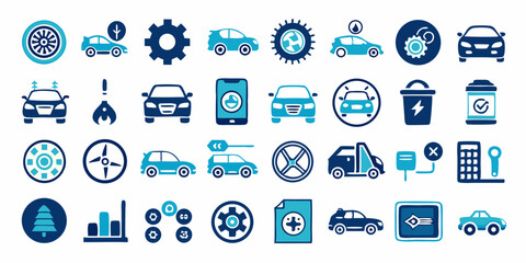 Set of Car and Automotive Icons in Blue Tones Representing Various Aspects of Vehicle Ownership Maintenance Repair and Related Services Isolated on a White Background