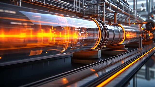 Futuristic industrial pipeline with glowing displays