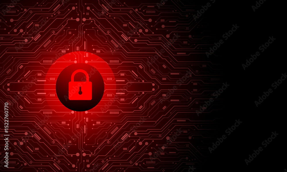 Poster Abstract data security red circuit board technology connected lines electronics elements computer motherboard chip processor semiconductor digital on white background vector