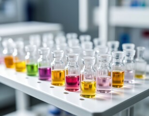 Macro of test vials in a rack inside a laboratory.