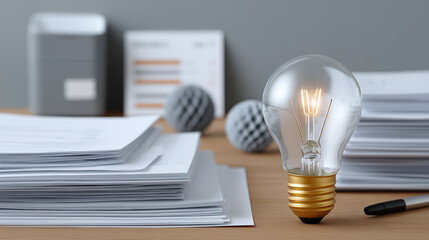 Light bulb glowing on wooden desk with stacks of paper and pen, symbolizing innovation and ideas in office work environment