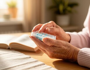 Senior person using a pillbox during morning routine.