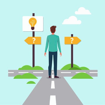 A flat vector illustration of a person standing at a crossroads surrounded by signposts, question marks, and a glowing light bulb, symbolizing decision-making, future planning, and life direction unce