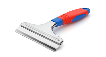 A cleaning scraper tool with colorful handle for glass shower doors, isolated on white