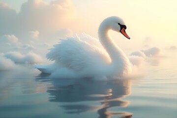 Obraz premium Serene Swan-Shaped Cloud Gliding Over a Misty Dawn Lake in Soft Sunlight