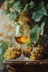 glass of wine on a wooden barrel. selective focus. Generative AI,