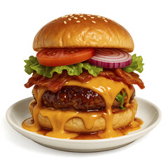 Juicy Cheeseburger with Bacon and Melted Cheese on White Background