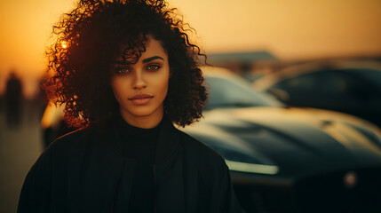 Confident young woman standing beside sleek luxury car during golden hour, soft side lighting highlighting her expression with blurred dealership background, stylish and elegant concept.