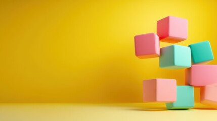 Obraz premium An appealing arrangement of colorful building blocks set against a vibrant yellow background, representing creativity, childhood, and playful exploration.