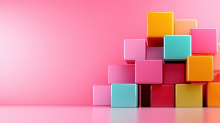 A vibrant stack of building blocks in various bright colors against a soft pink background, evoking childhood memories, creativity, and the joy of play.