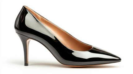 A striking close-up of an elegant black high-heeled shoe positioned on a white background, symbolizing fashion, style, and sophistication in the world of footwear.