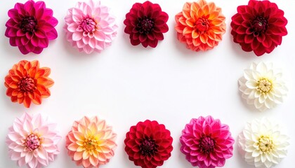 Colorful dahlia flowers frame blank space in a neat row arrangement on a white background