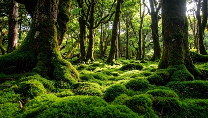 Magic beauty of green forest nature trees covered with moss