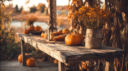 Rustic wooden table with bountiful harvest arrangement of pumpkins, apples and corn against warm autumn field, soft natural lighting creating cozy Thanksgiving atmosphere.