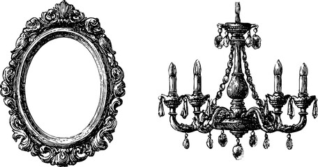 Intricate renaissance carved frame and chandelier engraving set for classic design