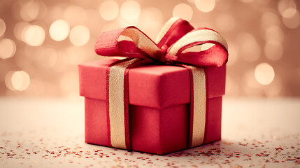 Obraz premium Elegant red gift box with golden ribbon and bow on soft blurred background, festive holiday present wrapped in shiny paper, warm studio lighting with bokeh effect, Christmas or birthday celebration co