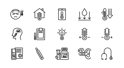 Temperature linear icon set. Weather, thermometer, Celsius, Fahrenheit, degree, fire, heat, sun, clouds, warm, cold, hot, temperature Scale, outline icon collection. UI thin vector icon pack