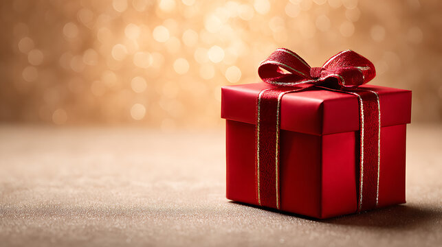 Elegant red gift box with golden ribbon and bow on soft blurred background, festive holiday present wrapped in shiny paper, warm studio lighting with bokeh effect, Christmas or birthday celebration co