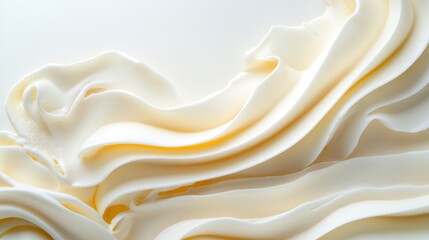 An artistic capture of soft, creamy whipped cream in elegant swirls, showcasing its rich texture and inviting appearance, ideal for use in desserts or culinary presentations.