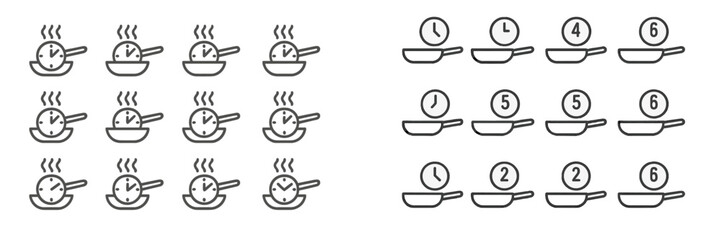 Cooking process illustrations showing timers and pans with different durations for various recipes and dishes in a kitchen setting