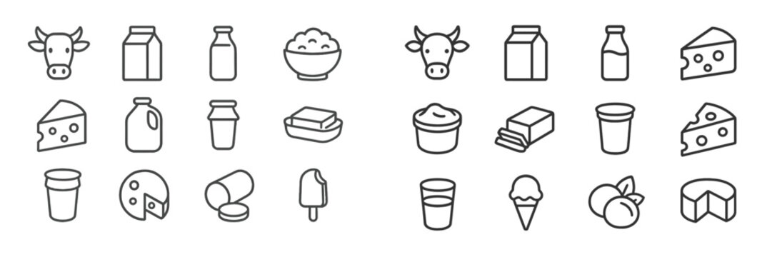 Collection of dairy icons including cow, milk, cheese, and yogurt in a minimalist design suitable for food-related projects