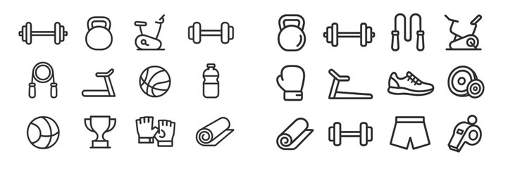 Line art fitness icons for various exercises, perfect for health apps and fitness enthusiasts