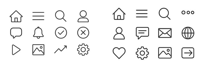 Collection of simple line icons representing various digital functions and user interface elements
