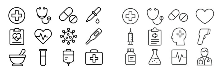 Medical icons representing healthcare, treatment, and wellness in modern graphic design