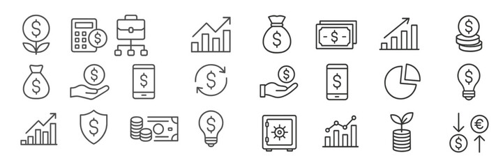 Icons representing finance, investment, and growth concepts in a modern design suitable for digital use