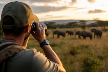 Conservationist observing elephants in nature reserve wildlife photography african grassland at sunset close-up perspective environmental protection