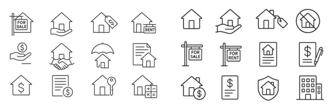 Real estate icons illustrating home sale and rental processes in a professional setting with various property-related elements