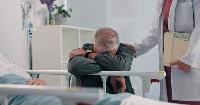 Sad man, stress or doctor with empathy on hospital bed for fail operation, mistake or bad news. Senior, male person or sympathy with medical worker for grief, condolence or mental breakdown at clinic