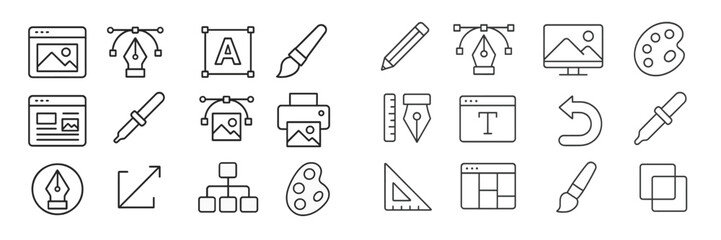 Creative design elements and tools represented as line icons for graphic design projects