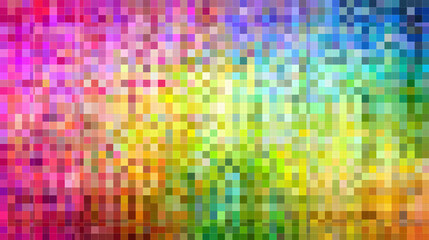 Colorful pixelated gradient background with square pattern in vibrant rainbow hues, creating dynamic and energetic digital mosaic effect with bright and vivid colors