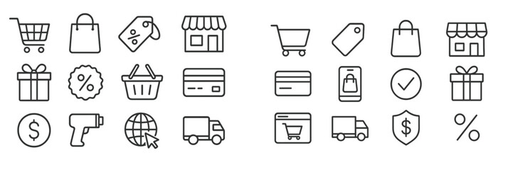 Multiple shopping and payment icons reflecting various retail activities and services in a minimalistic style