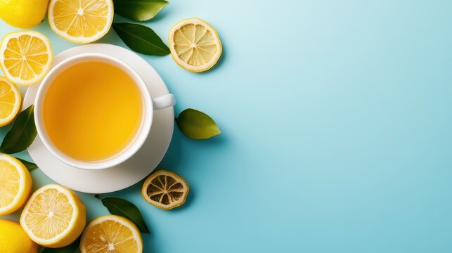 A vibrant cup of lemon tea surrounded by fresh lemon slices and green leaves, evoking freshness and vitality, ideal for health-focused lifestyles and summer refreshment.