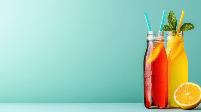 A vibrant display of two colorful drinks in glass bottles with fruits, exuding a refreshing summer vibe and a celebration of flavors that awaken the senses.