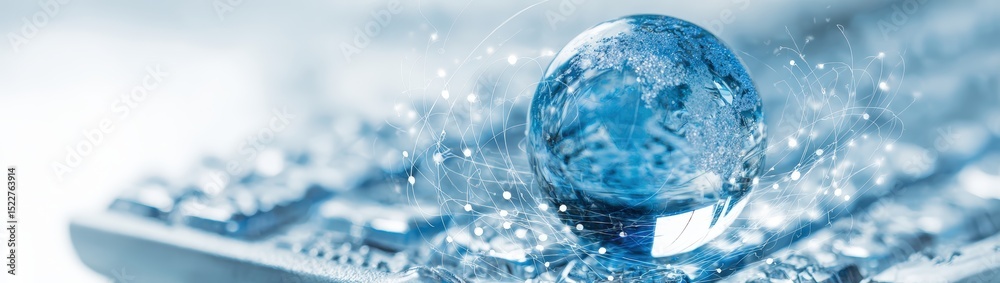 Poster a blue globe resting on a keyboard with a network of dots and lines connecting around it