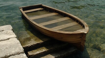Tranquil scene of a small wooden boat partially submerged in clear water